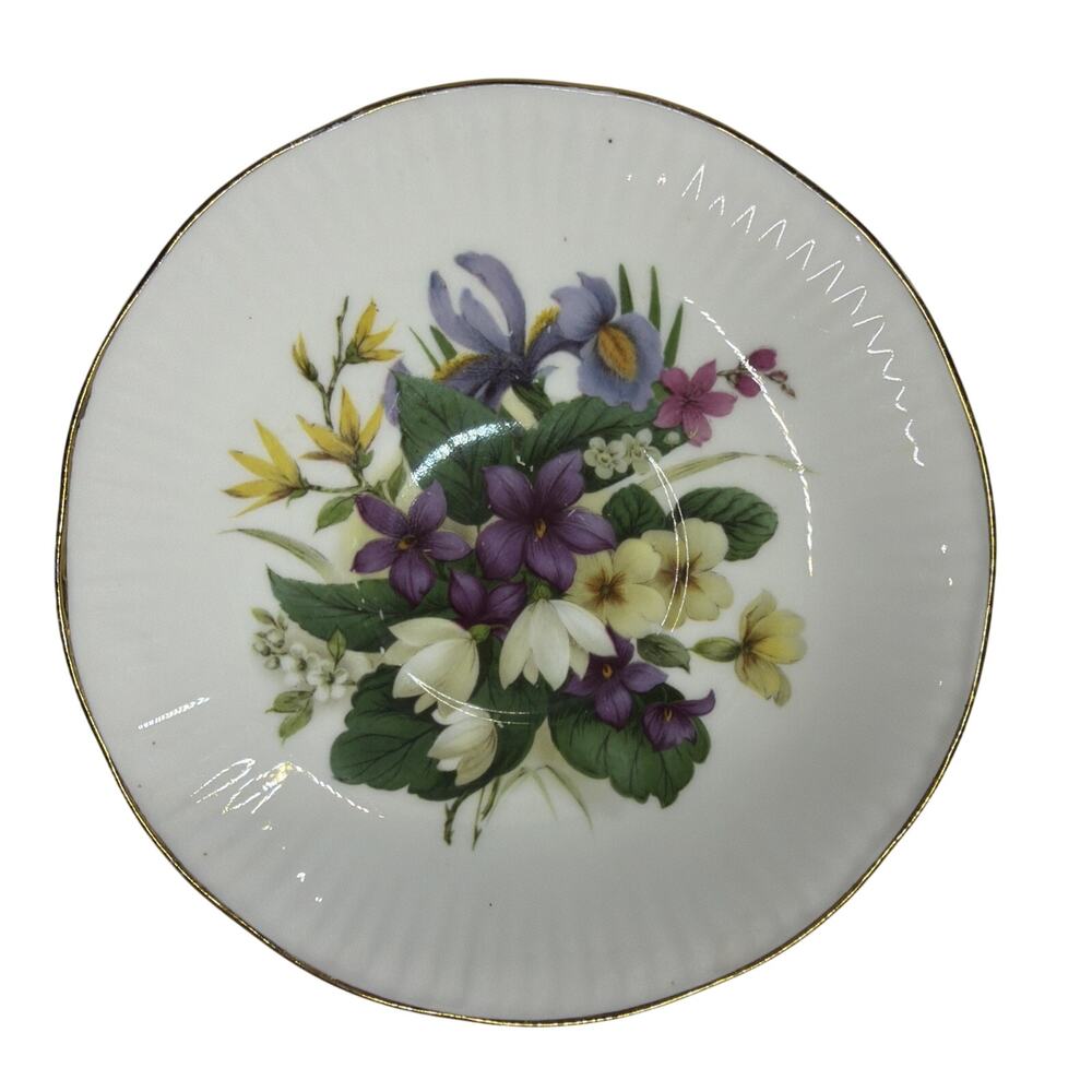Royal Victorian Stafford Plate Bone China Flowers Ribbed Edge Gold Trim Gift